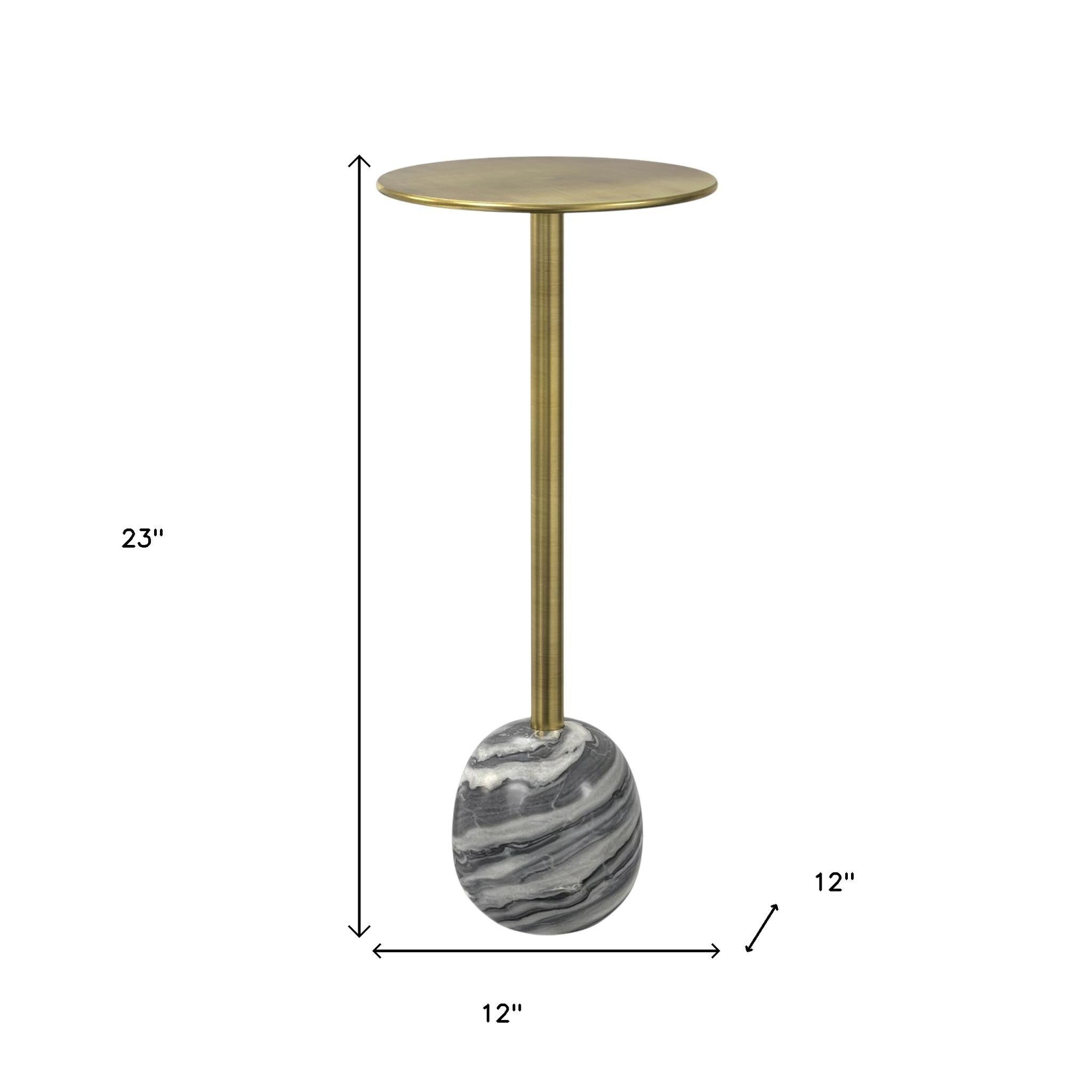 23" Powder Coated Gold and Gray Iron and Marble Round Pedestal End Table