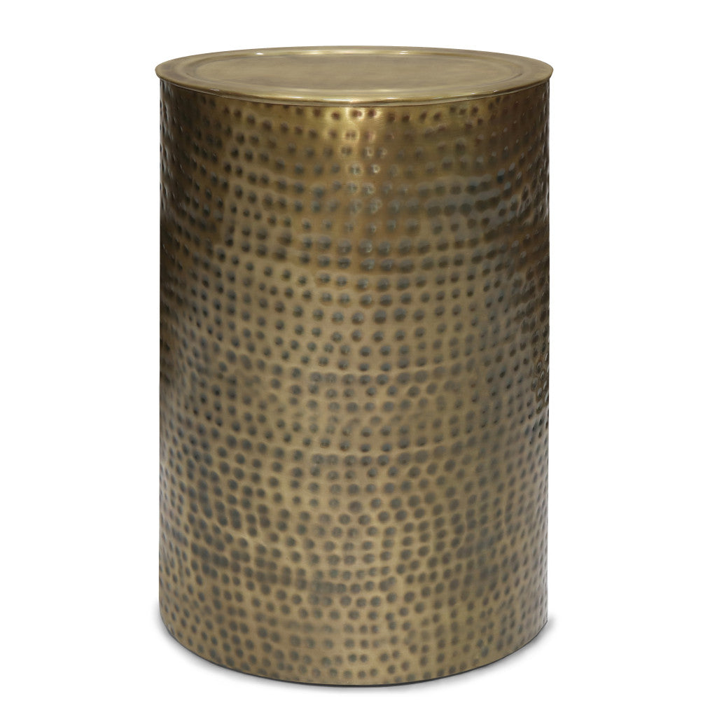 21" Hammered Antiqued Gold Distressed Iron Round Drum End Table