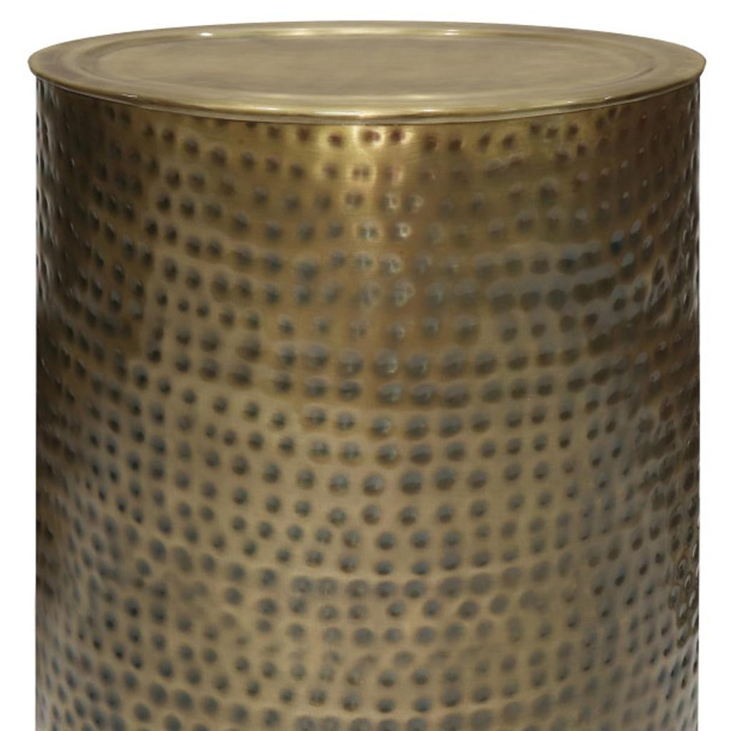 21" Hammered Antiqued Gold Distressed Iron Round Drum End Table