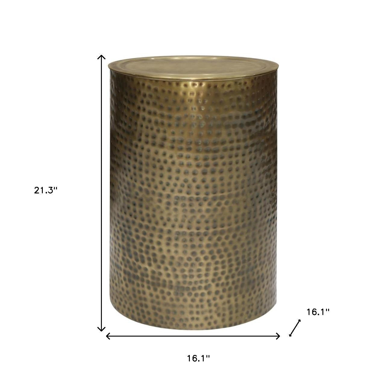 21" Hammered Antiqued Gold Distressed Iron Round Drum End Table