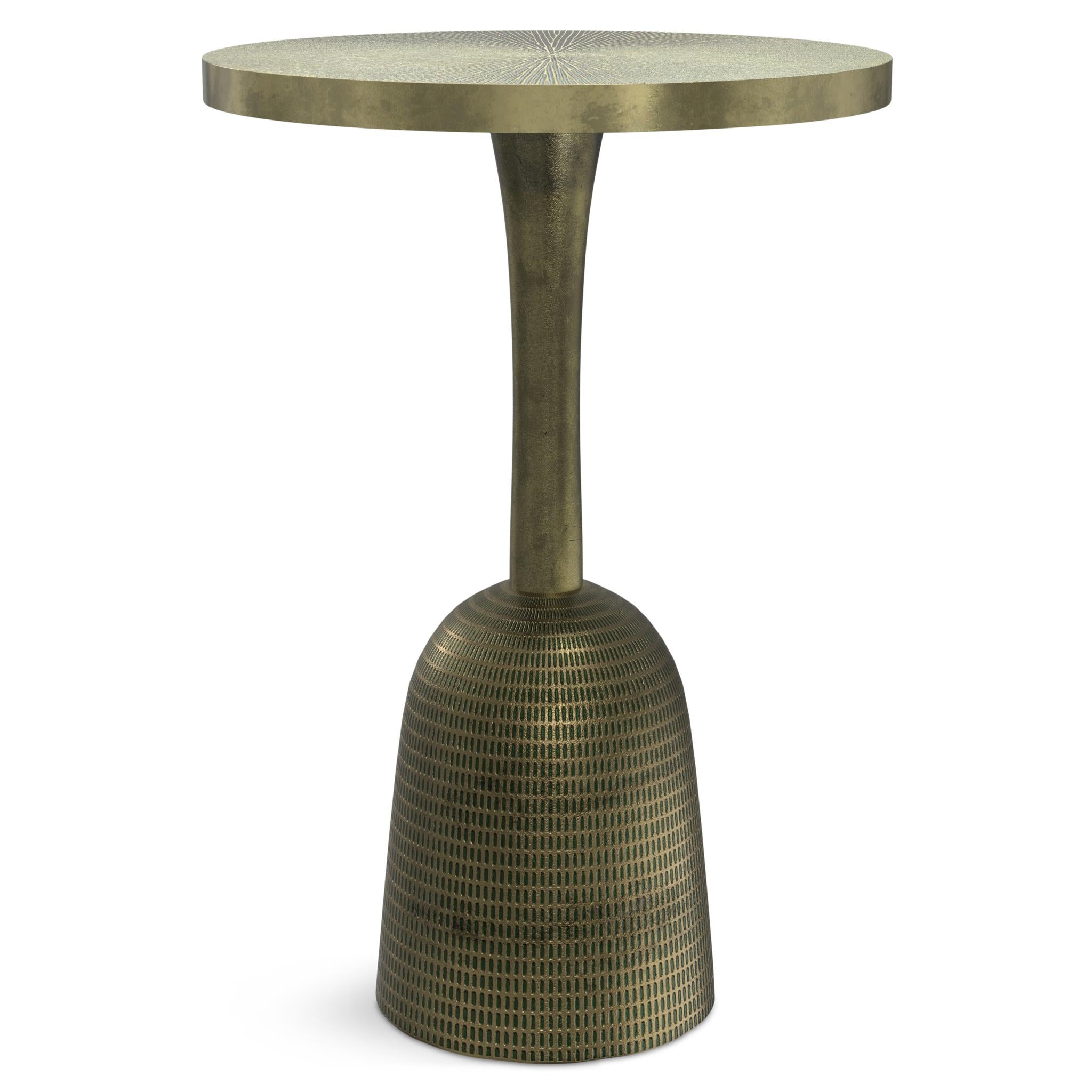 24" Antique Gold and Light Green Distressed Aluminum Round Pedestal End Table