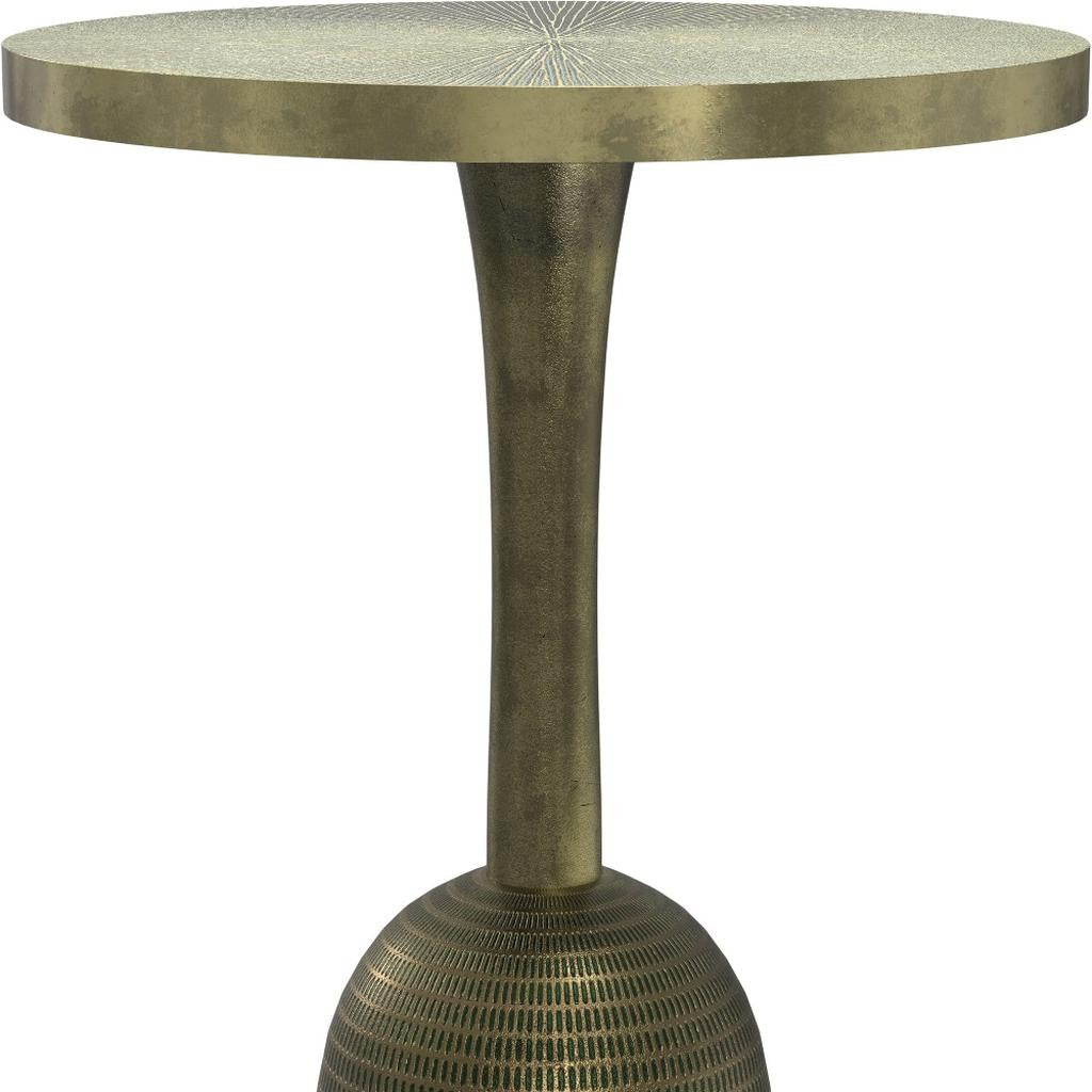 24" Antique Gold and Light Green Distressed Aluminum Round Pedestal End Table