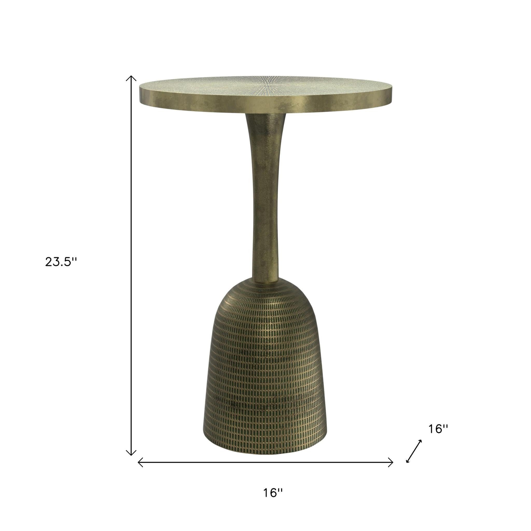 24" Antique Gold and Light Green Distressed Aluminum Round Pedestal End Table