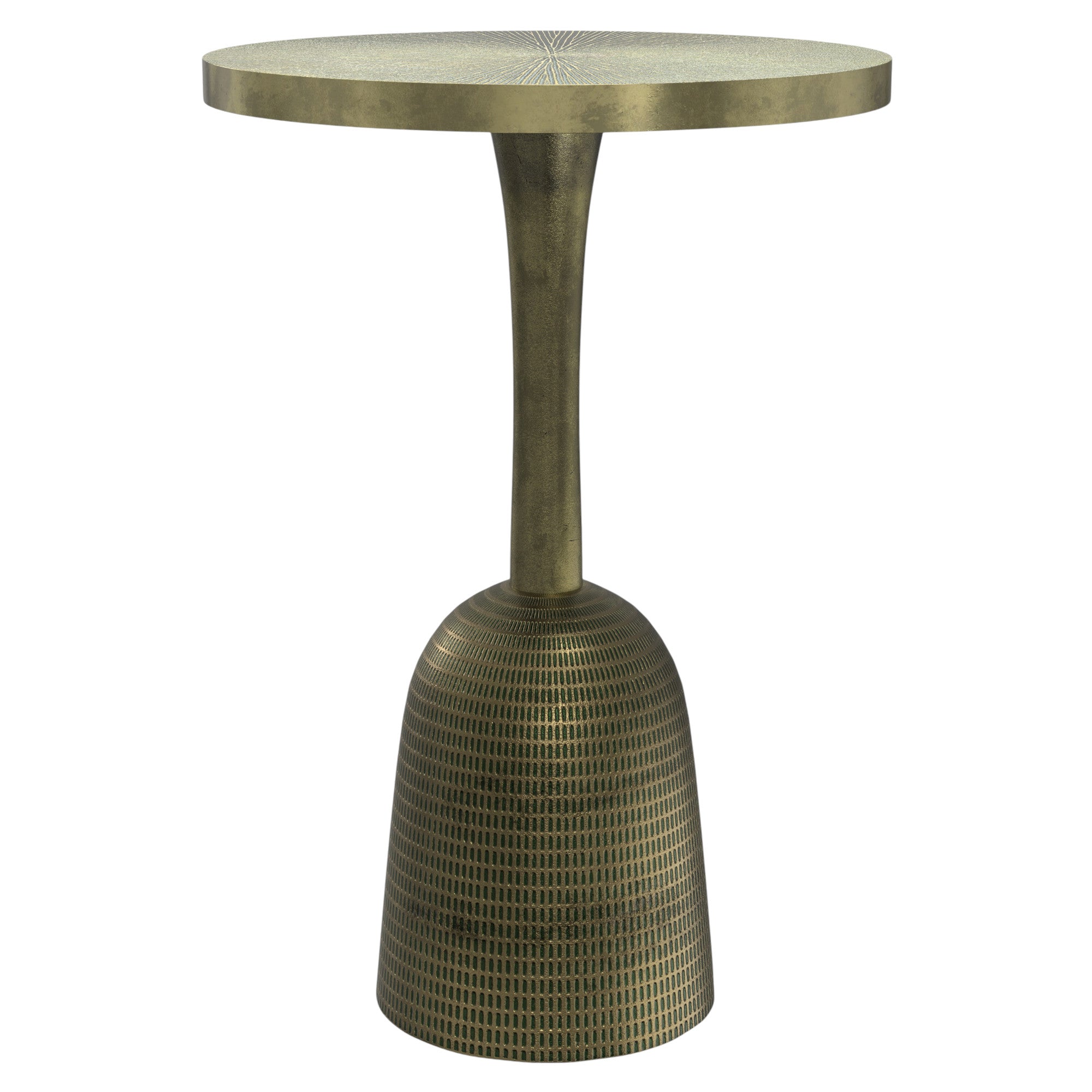 24" Antique Gold and Light Green Distressed Aluminum Round Pedestal End Table