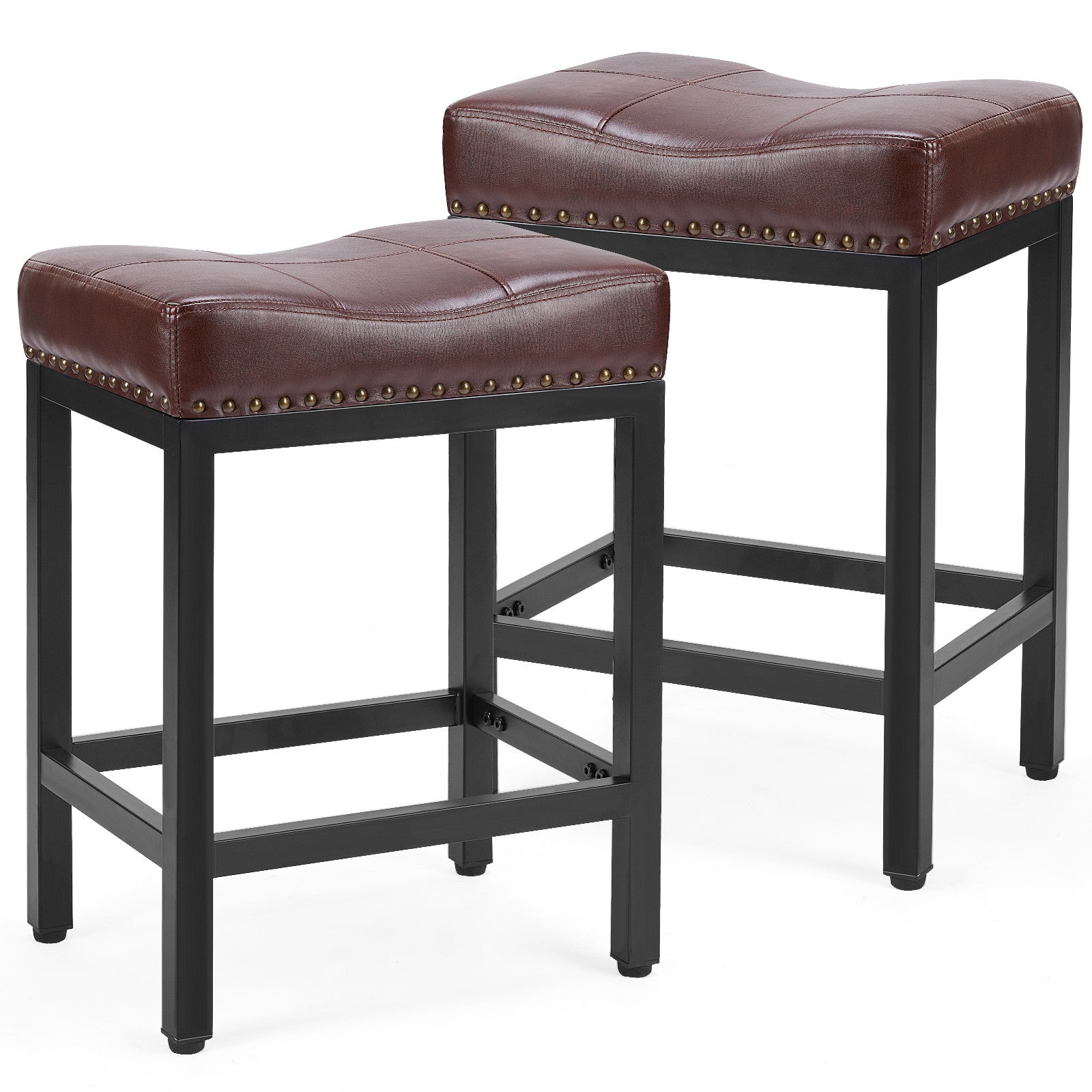 Set of Two 22" Brown and Black Faux Leather and Steel Backless Bar Chairs