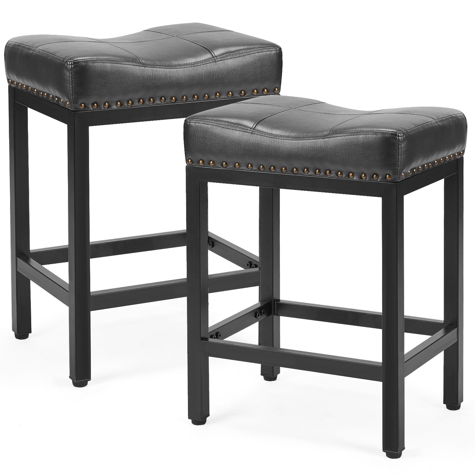 Set of Two 22" Black Faux Leather and Steel Backless Bar Chairs
