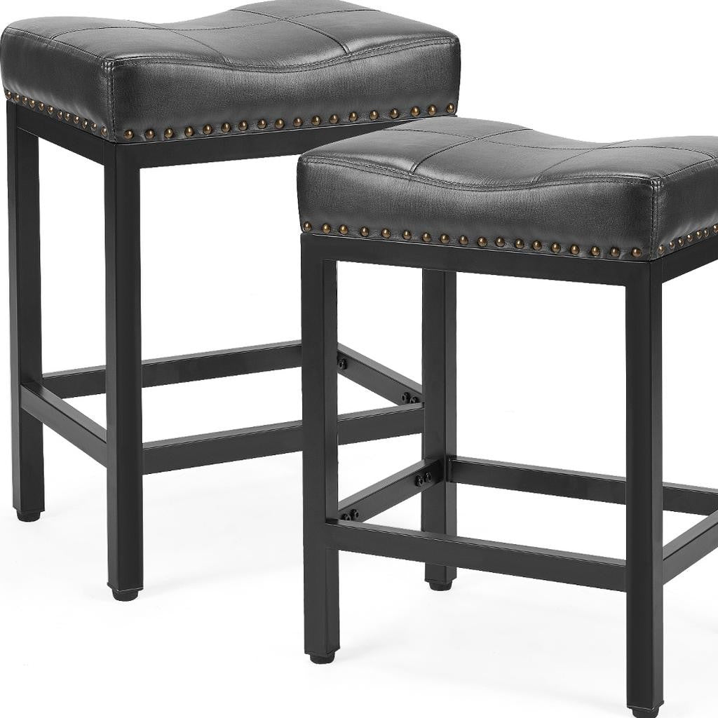 Set of Two 22" Black Faux Leather and Steel Backless Bar Chairs