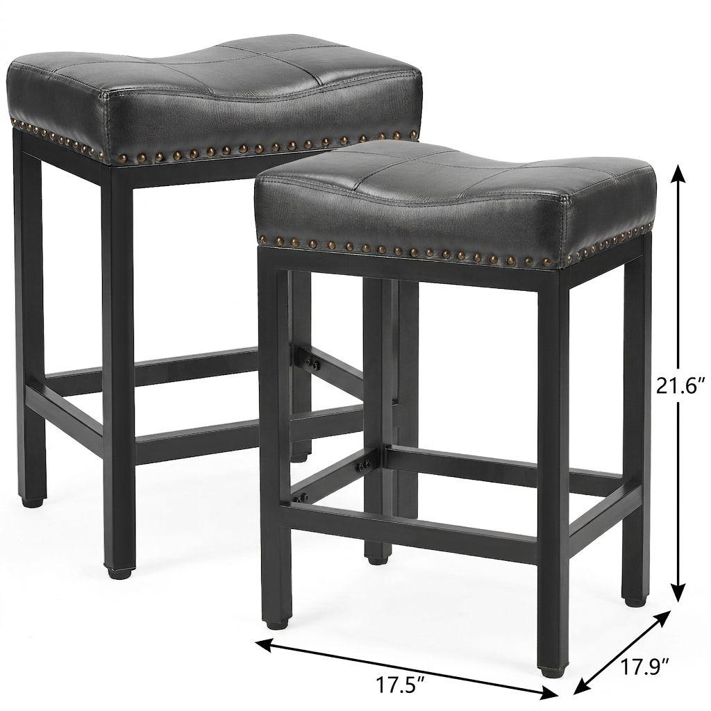 Set of Two 22" Black Faux Leather and Steel Backless Bar Chairs
