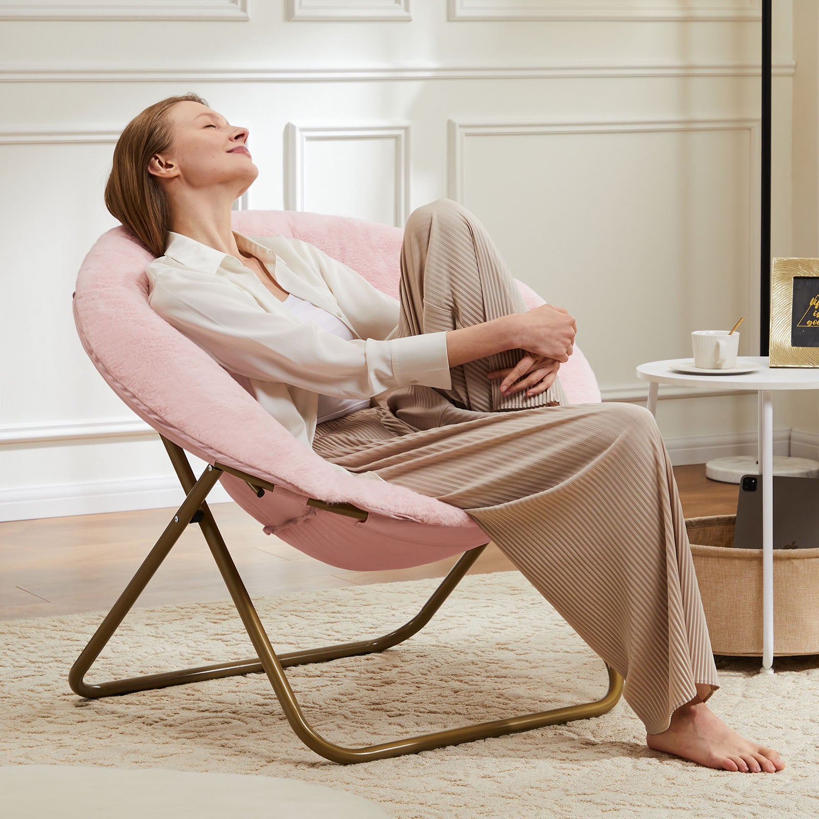 26" Pink and Bronze Tufted Faux Fur and Metal Folding Lounge Chair
