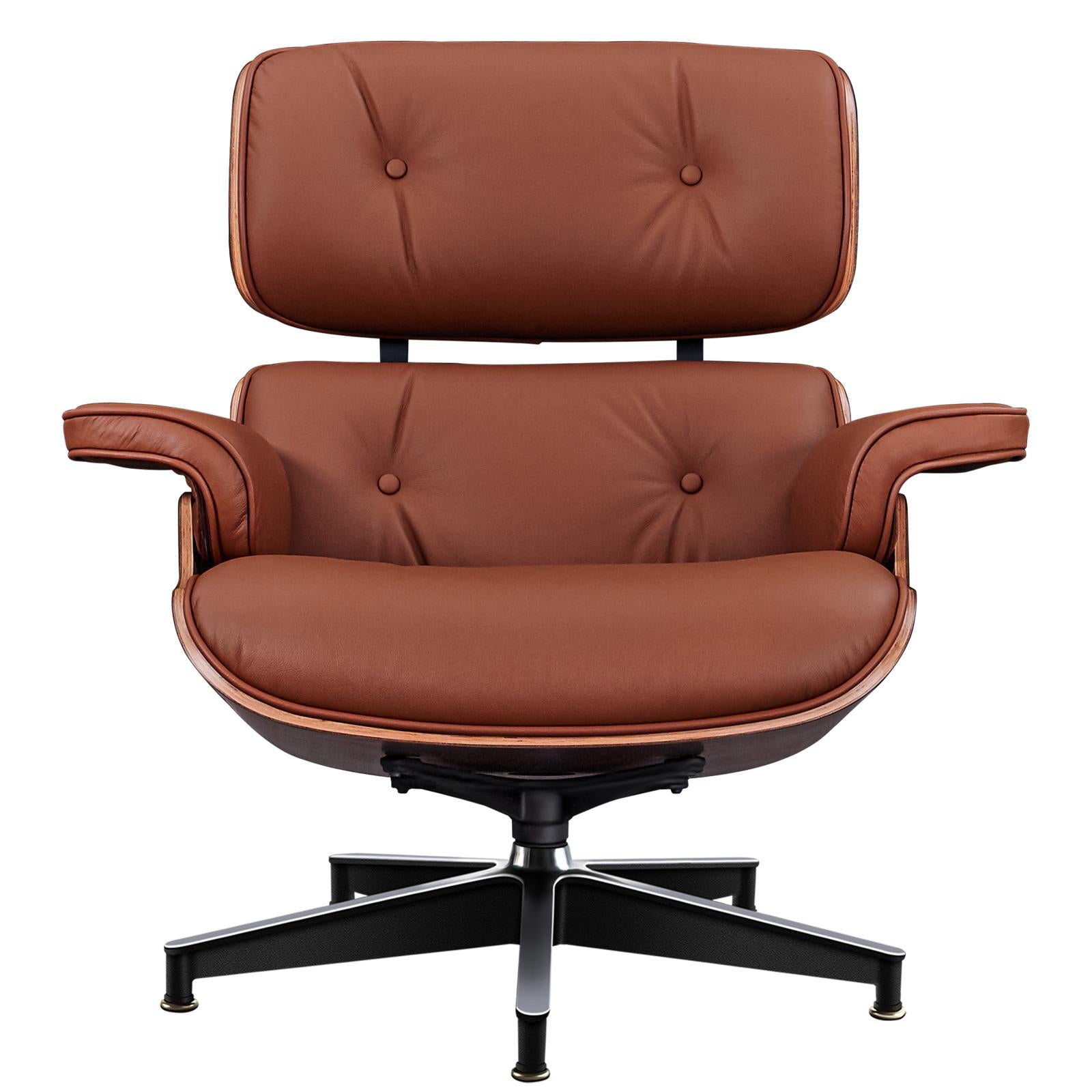 27" Brown and Light Brown Tufted Genuine Leather Swivel Lounge Chair With Ottoman