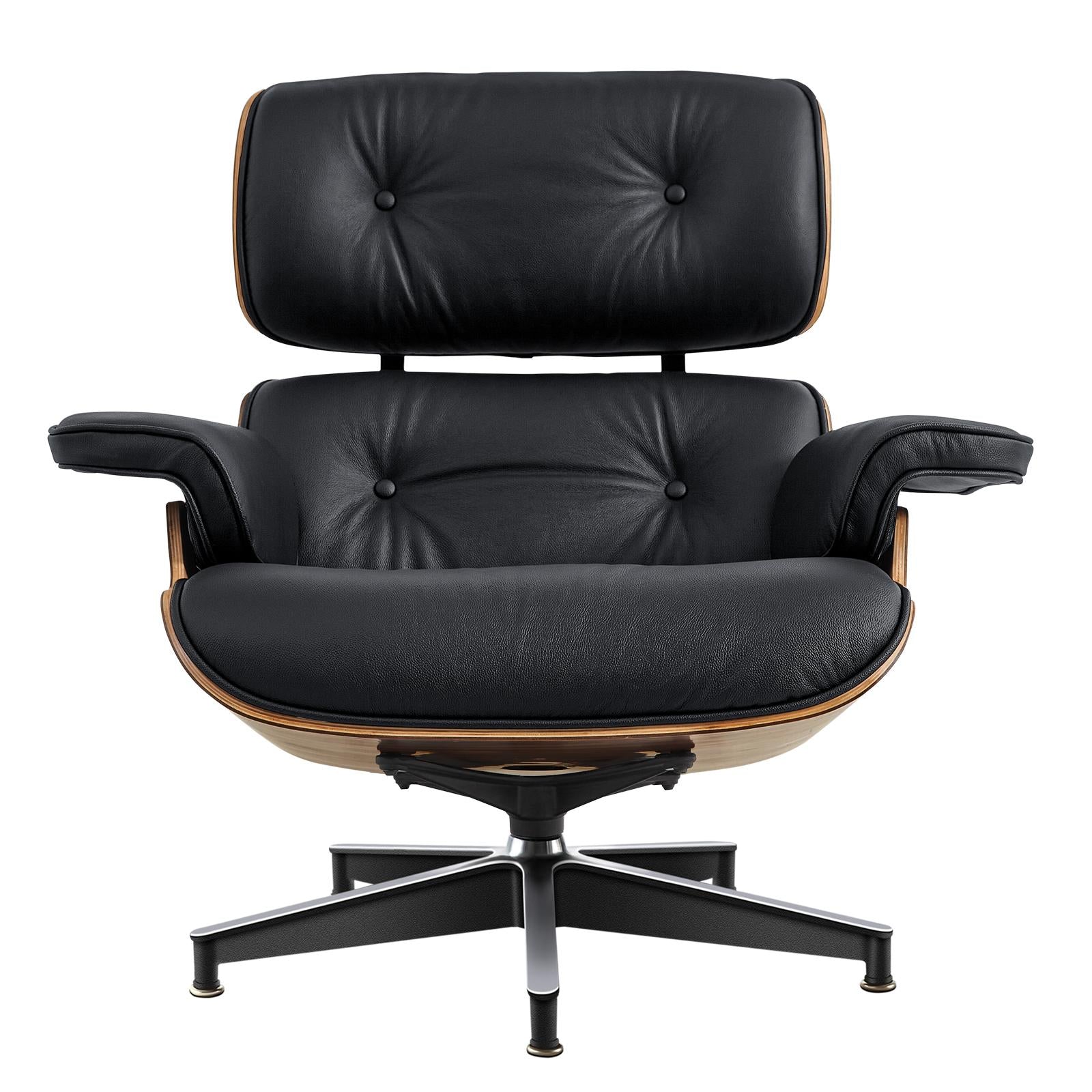 27" Black and Brown Tufted Genuine Cowhide Swivel Lounge Chair With Ottoman