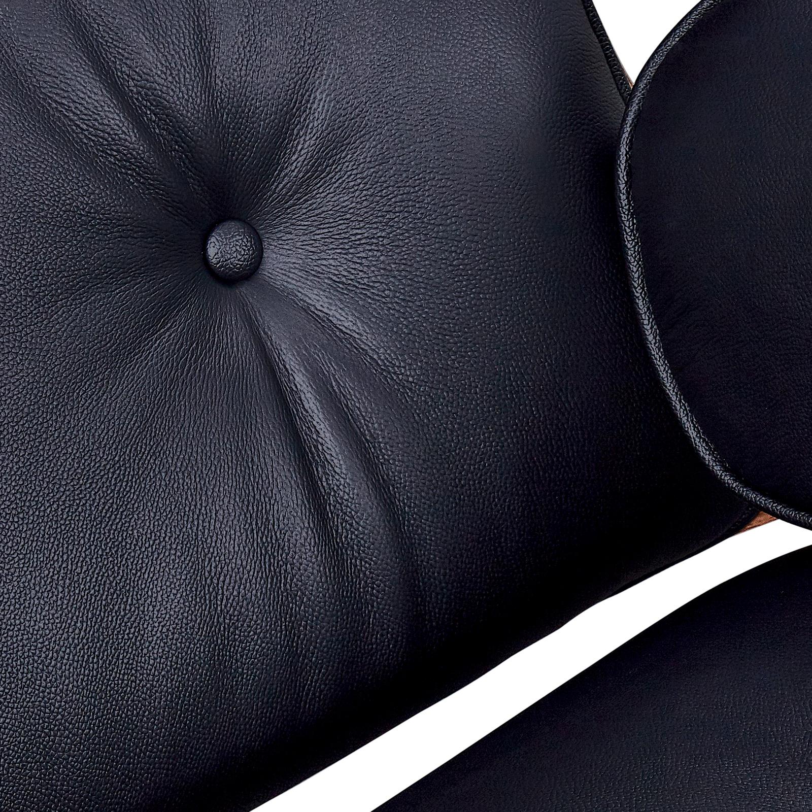 28" Black and Rosewood Tufted Genuine Leather Lounge Chair With Ottoman