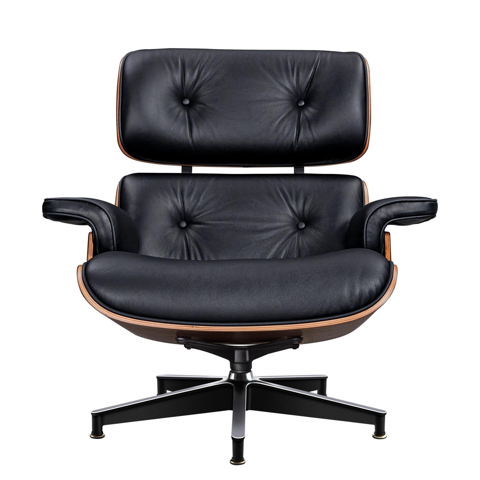 28" Black and Light Brown Tufted Genuine Leather Lounge Chair With Ottoman