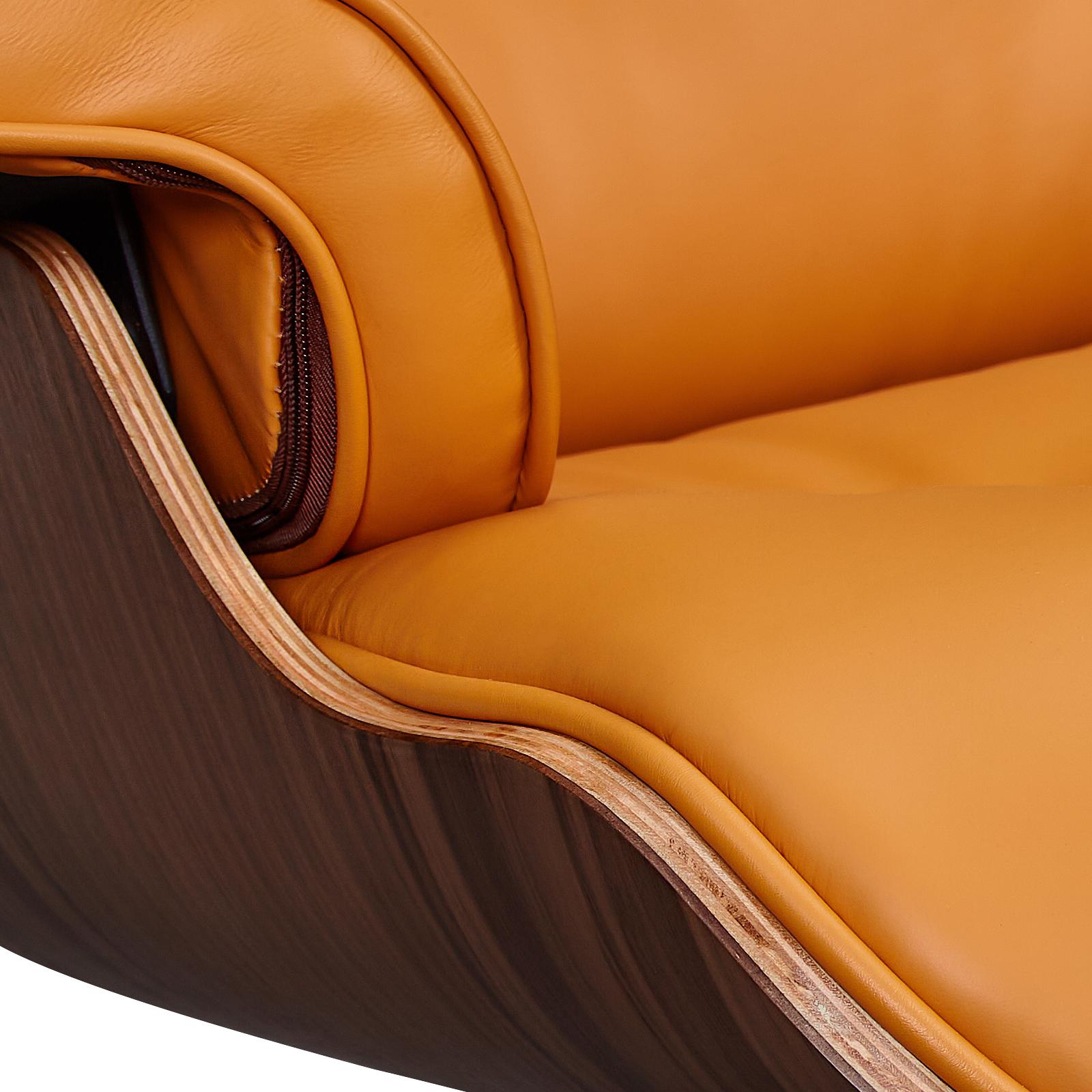 28" Orange and Light Brown Tufted Genuine Leather Lounge Chair With Ottoman