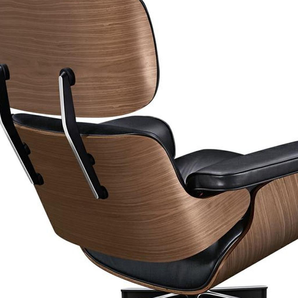 28" Black and Light Brown Tufted Genuine Leather Lounge Chair With Ottoman
