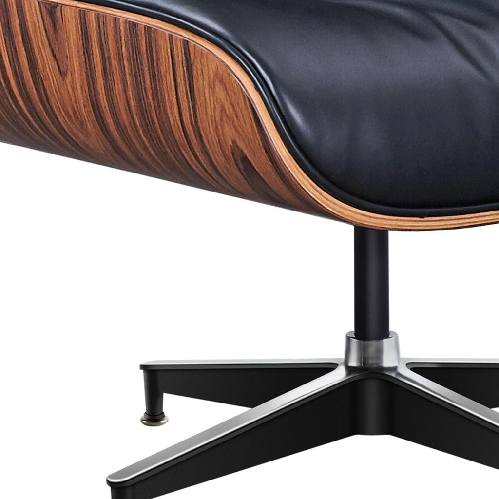 28" Black and Rosewood Tufted Genuine Leather Lounge Chair With Ottoman
