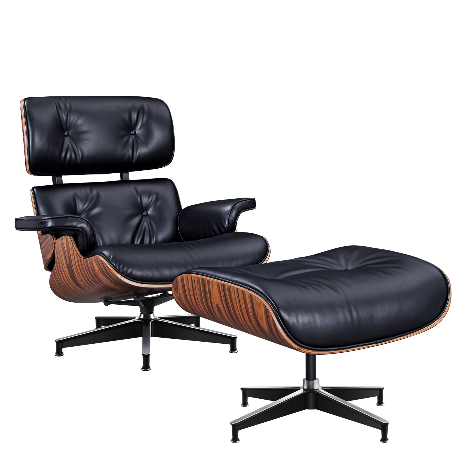 28" Black and Rosewood Tufted Genuine Leather Lounge Chair With Ottoman