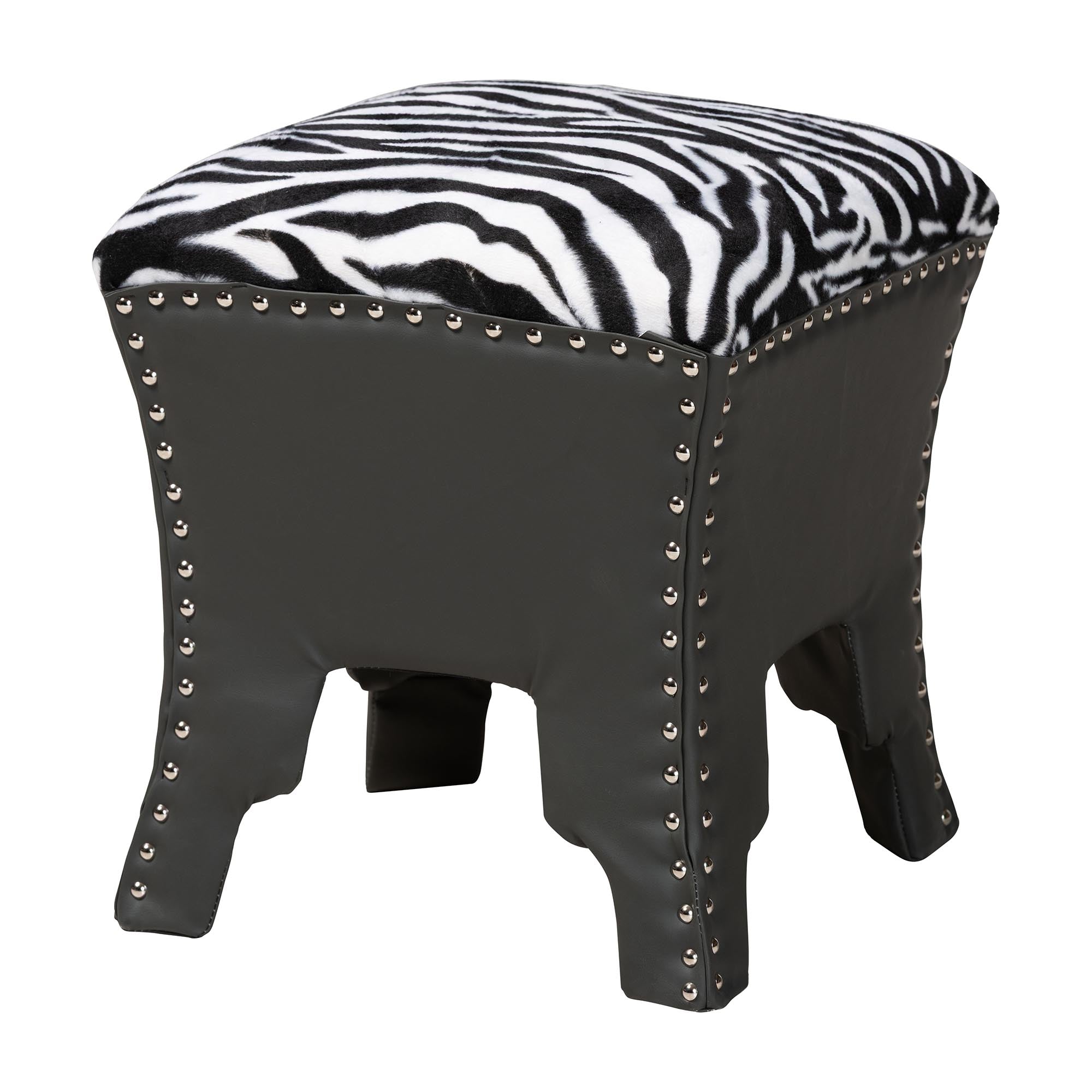 Baxton Studio Sally Modern and Contemporary Zebra-print Patterned Fabric Brown Faux Leather Upholstered Accent Stool with Nail heads