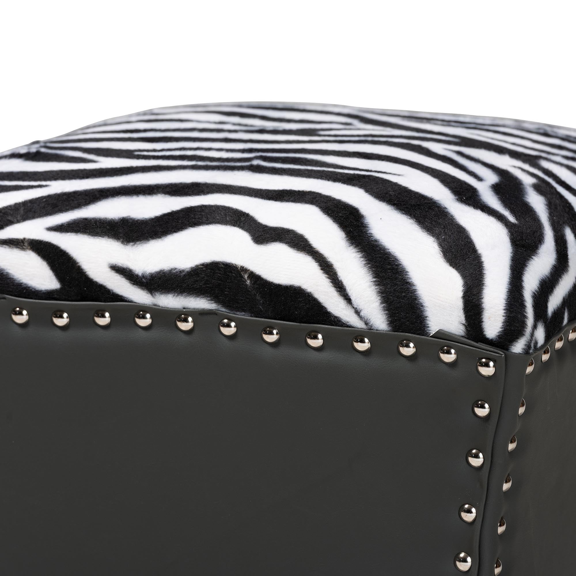 Baxton Studio Sally Modern and Contemporary Zebra-print Patterned Fabric Brown Faux Leather Upholstered Accent Stool with Nail heads
