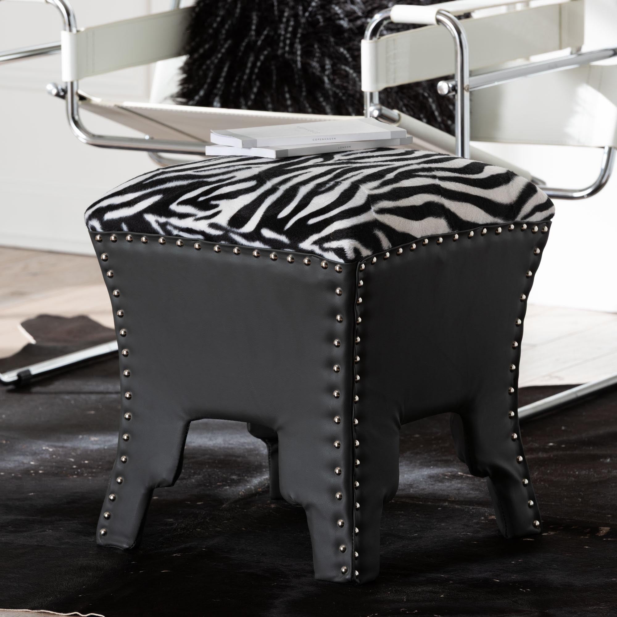 Baxton Studio Sally Modern and Contemporary Zebra-print Patterned Fabric Brown Faux Leather Upholstered Accent Stool with Nail heads