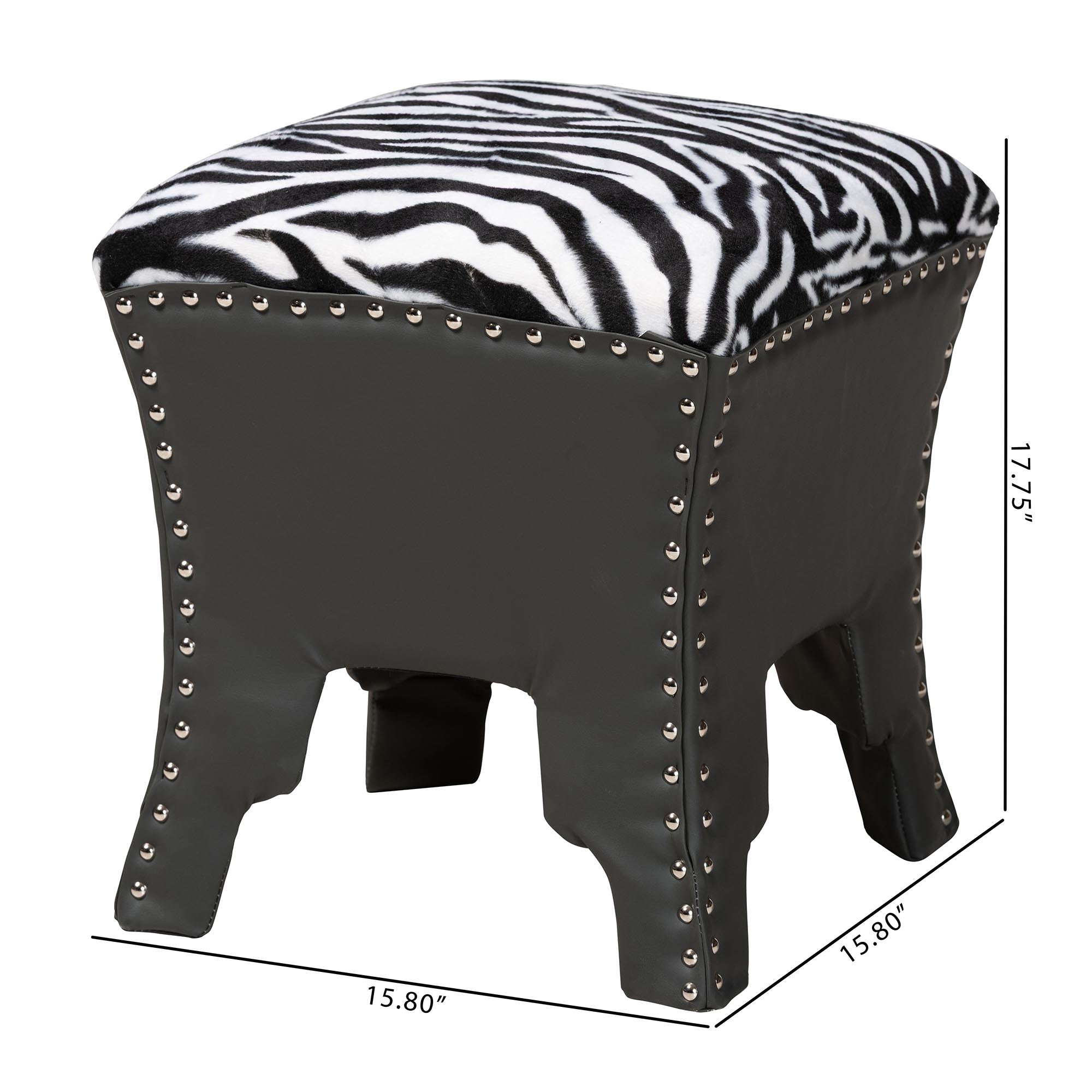 Baxton Studio Sally Modern and Contemporary Zebra-print Patterned Fabric Brown Faux Leather Upholstered Accent Stool with Nail heads
