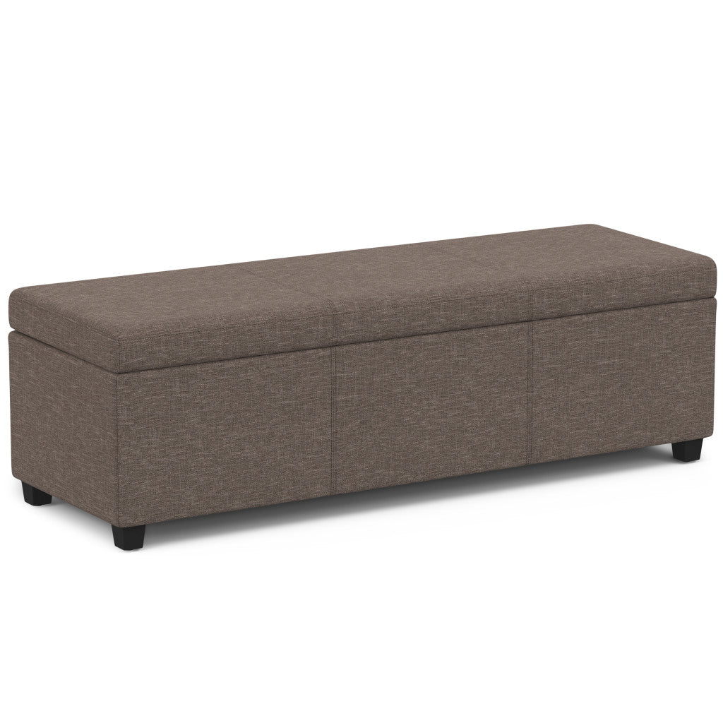 54" Fawn and Dark Brown Faux Linen and Solid Wood Upholstered Storage Bench With Flip Top