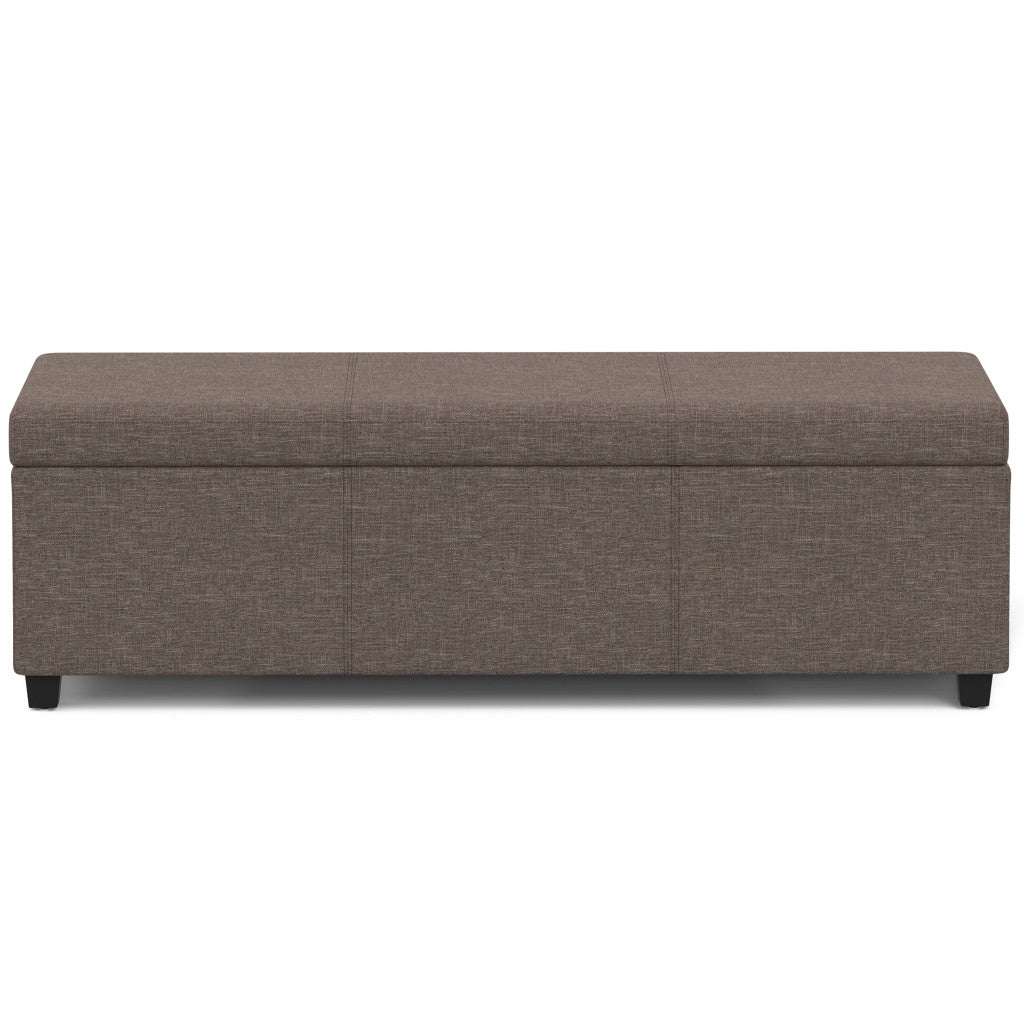 54" Fawn and Dark Brown Faux Linen and Solid Wood Upholstered Storage Bench With Flip Top