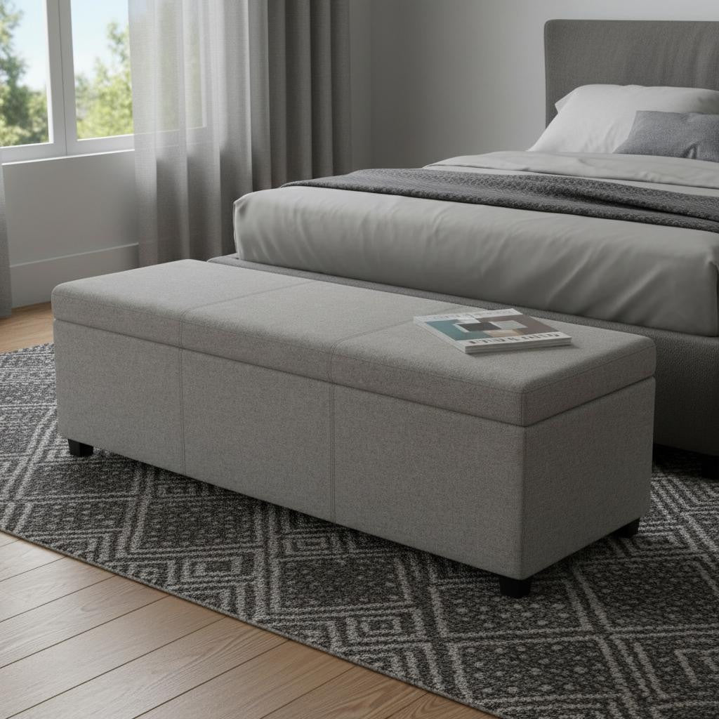 54" Light Gray and Dark Brown Linen Blend and Solid Wood Upholstered Storage Bench With Flip Top