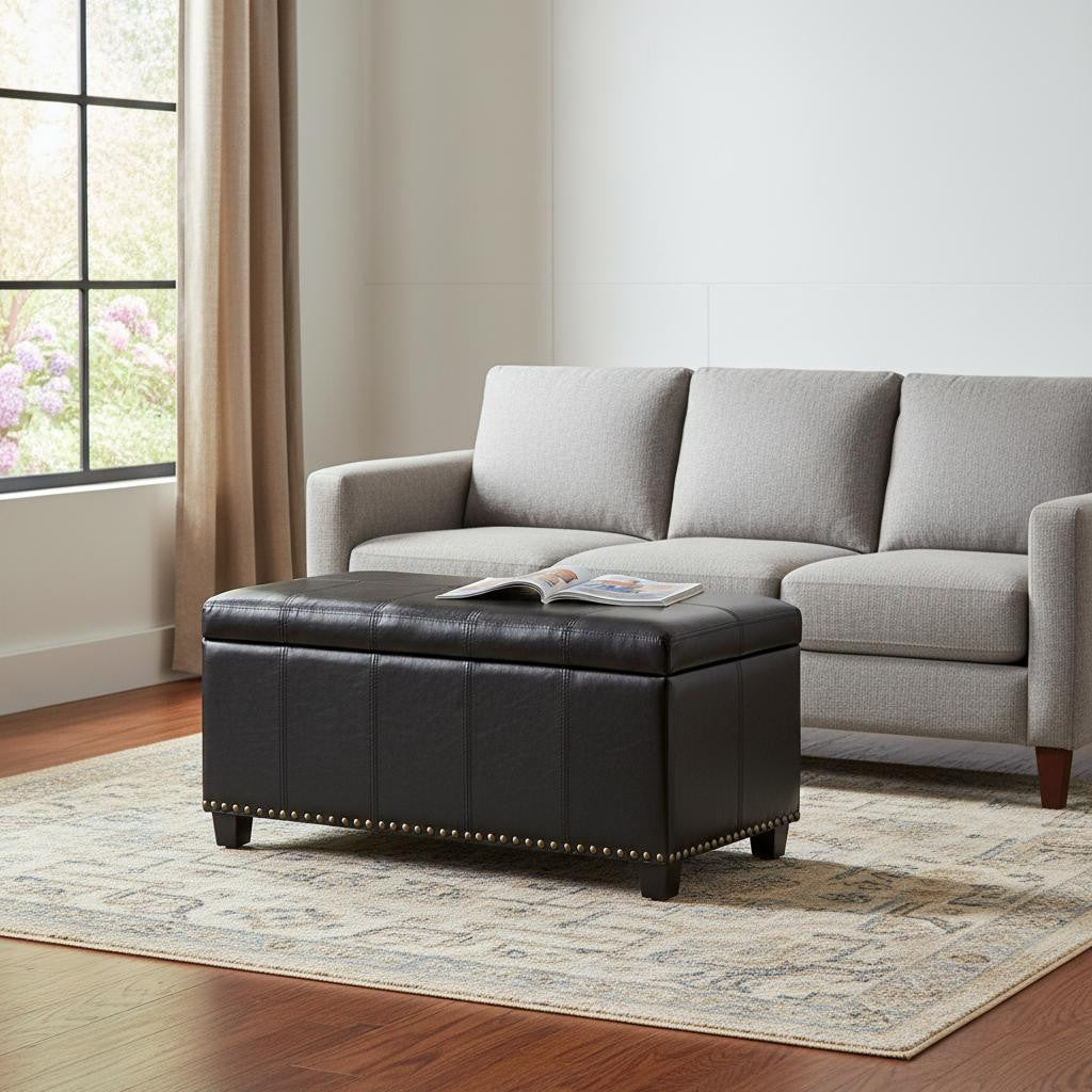 33" Black and Espresso Faux Leather and Solid Wood Upholstered Storage Bench With Flip Top