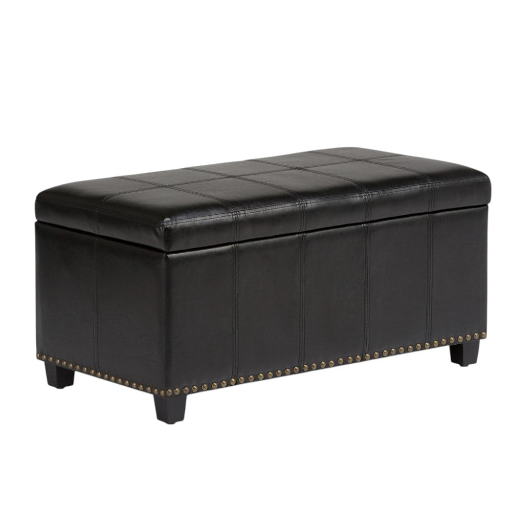 33" Black and Espresso Faux Leather and Solid Wood Upholstered Storage Bench With Flip Top