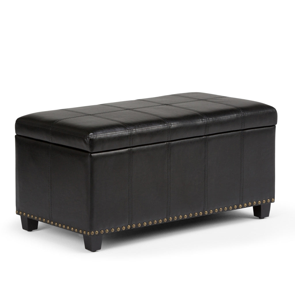 33" Black and Espresso Faux Leather and Solid Wood Upholstered Storage Bench With Flip Top