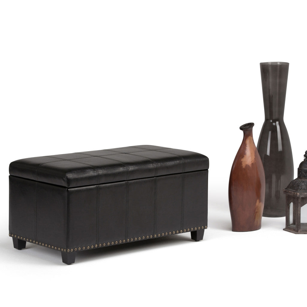 33" Black and Espresso Faux Leather and Solid Wood Upholstered Storage Bench With Flip Top