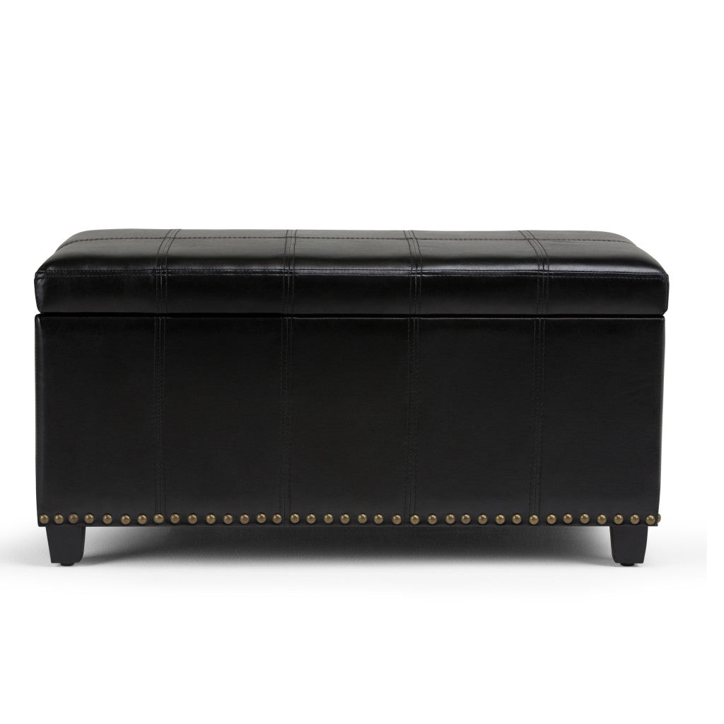 33" Black and Espresso Faux Leather and Solid Wood Upholstered Storage Bench With Flip Top
