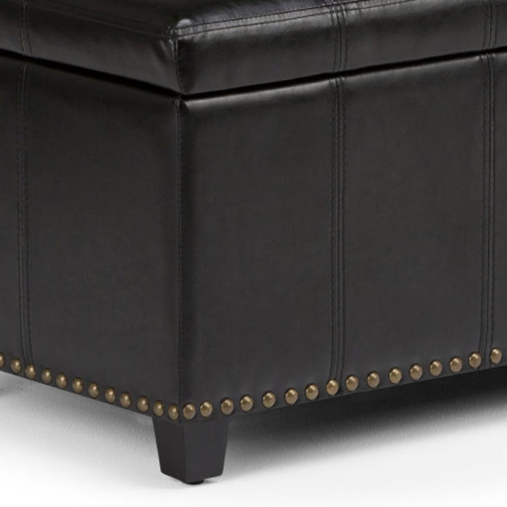 33" Black and Espresso Faux Leather and Solid Wood Upholstered Storage Bench With Flip Top