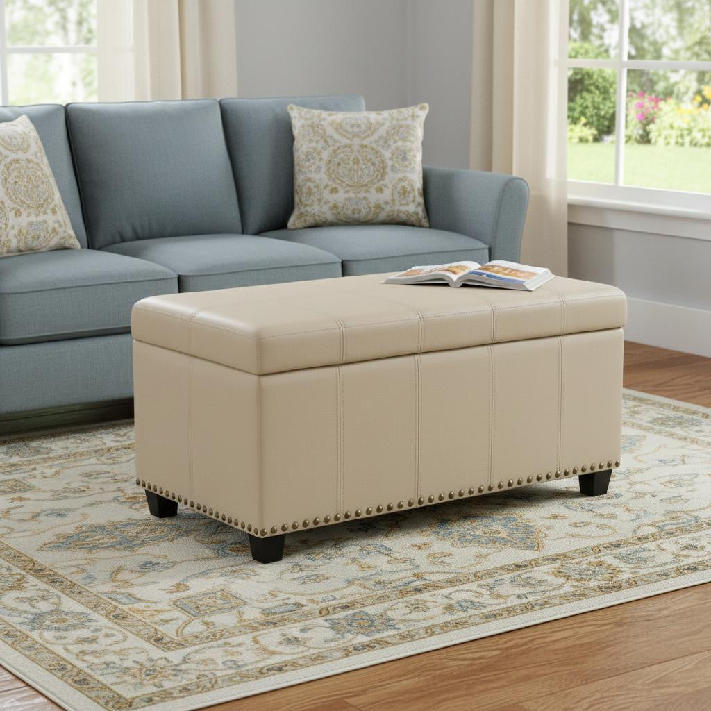 33" Cream and Espresso Faux Leather and Solid Wood Upholstered Storage Bench With Flip Top