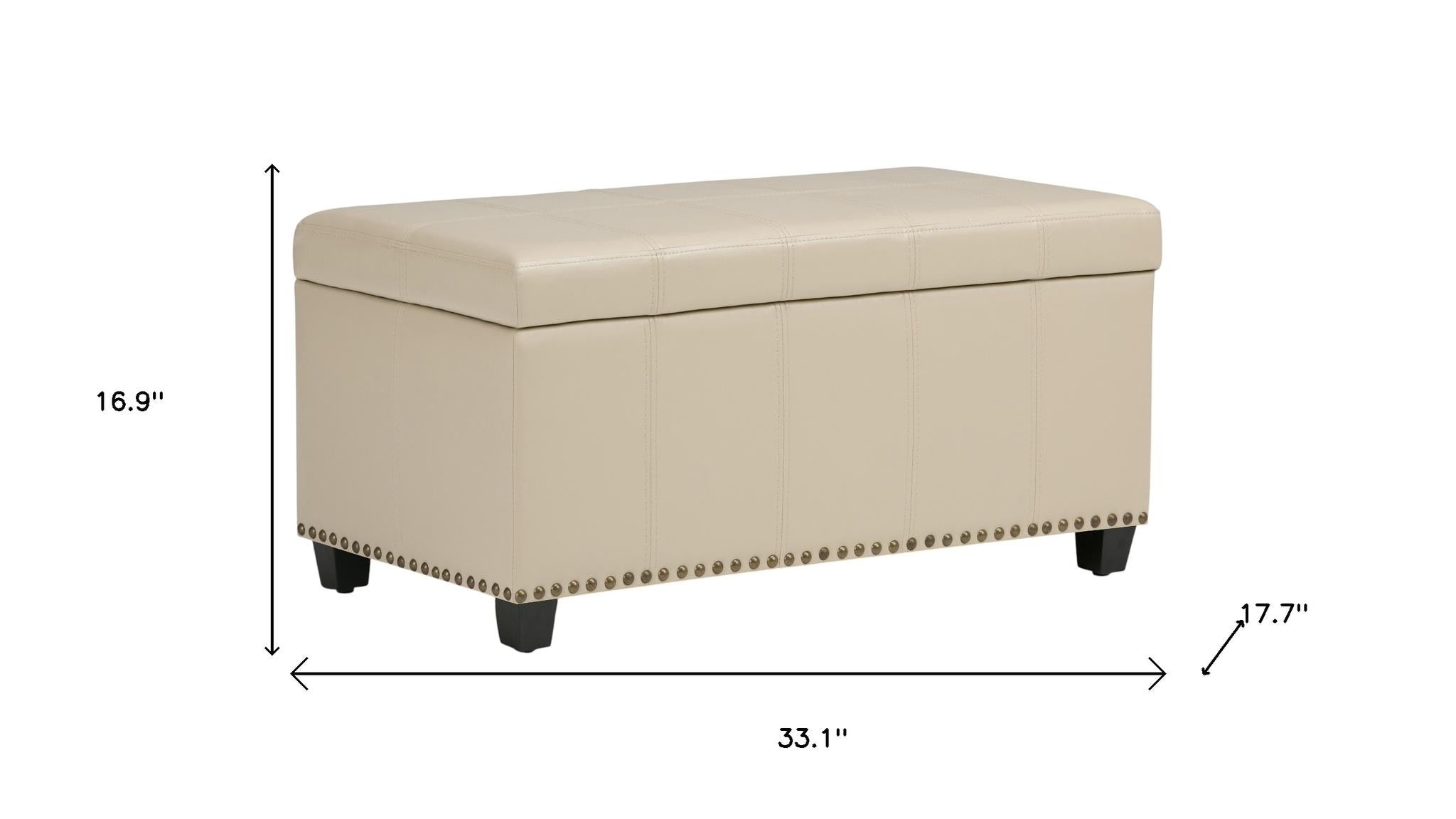 33" Cream and Espresso Faux Leather and Solid Wood Upholstered Storage Bench With Flip Top