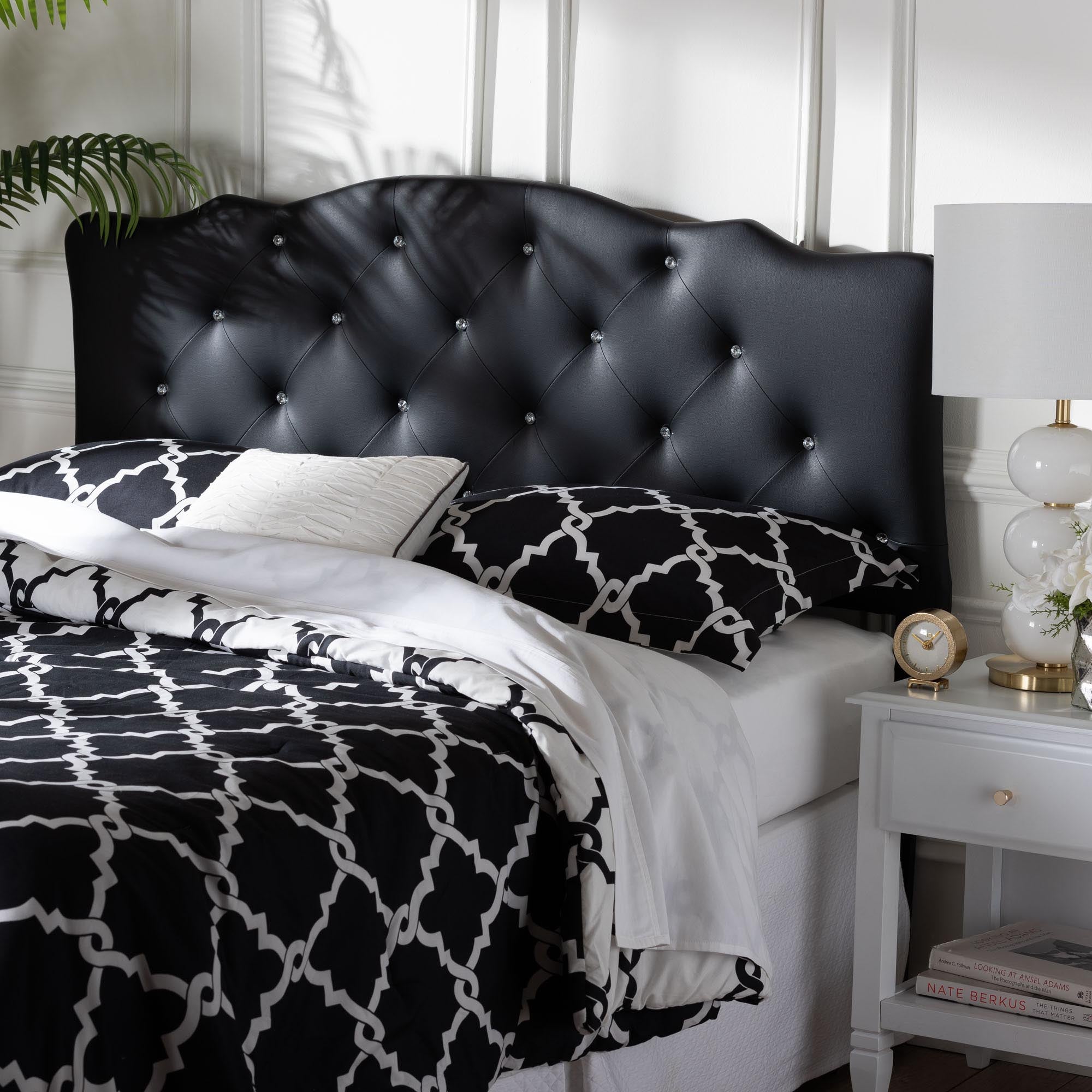Baxton Studio Rita Modern and Contemporary Queen Size Black Faux Leather Upholstered Button-tufted Scalloped Headboard