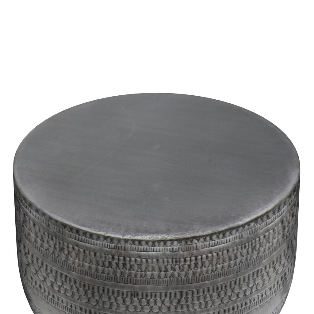 18" Antique Silver Distressed Iron Round Drum End Table