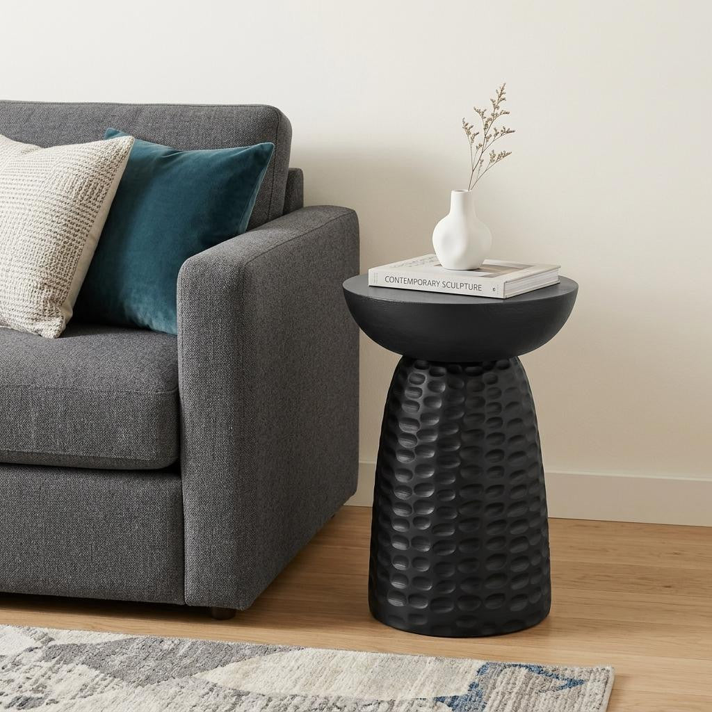 18" Matte Black Solid Wood Round Pedestal End Table