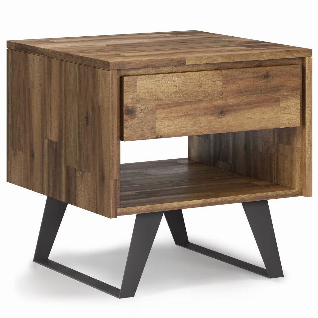 22" Natural Natural and Black Distressed Solid Wood and Iron Square Sled End Table With Drawer And Shelf