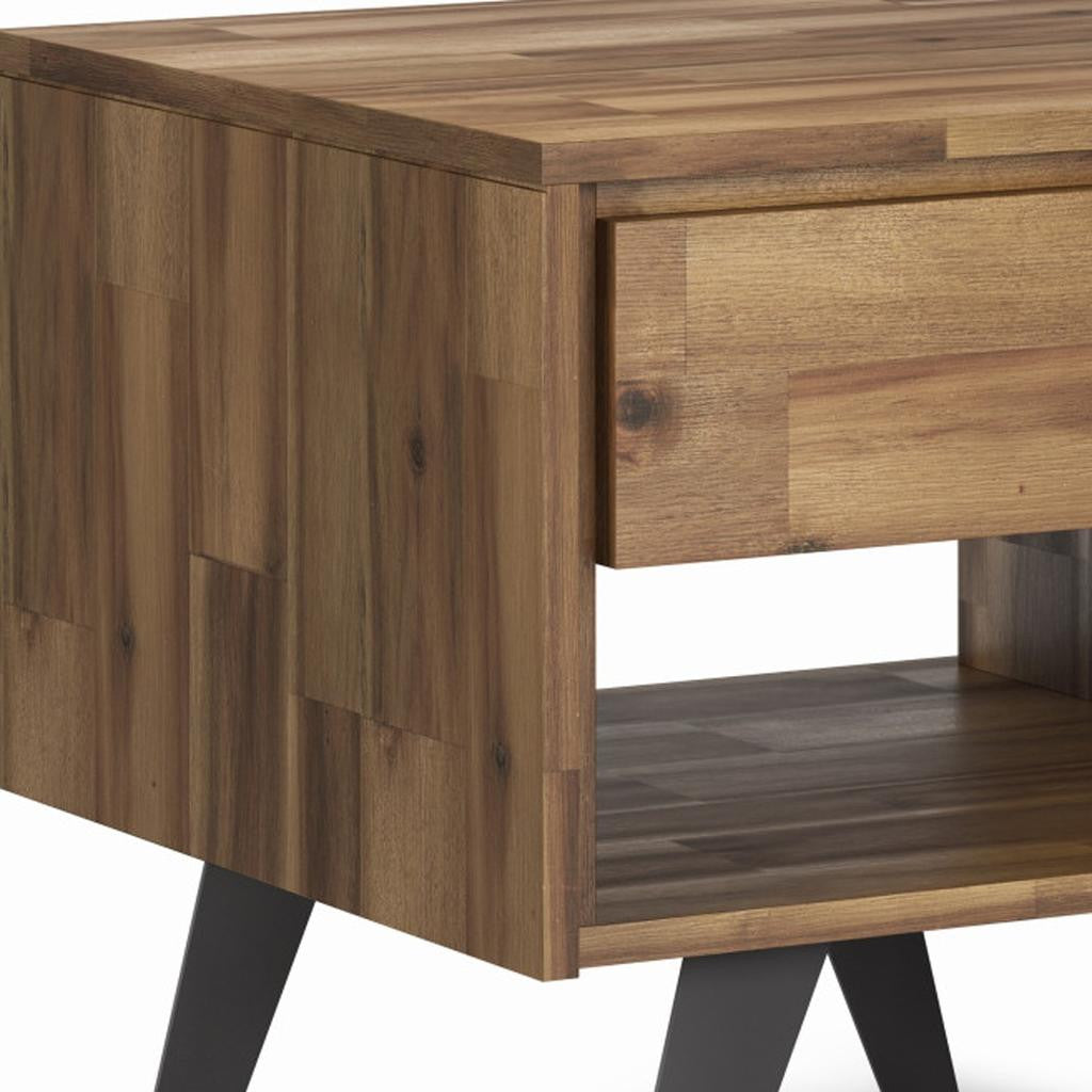 22" Natural Natural and Black Distressed Solid Wood and Iron Square Sled End Table With Drawer And Shelf