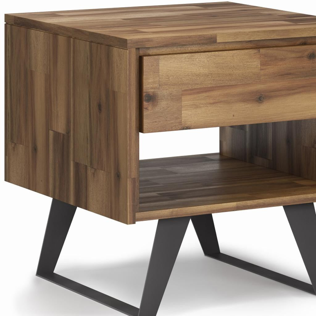 22" Natural Natural and Black Distressed Solid Wood and Iron Square Sled End Table With Drawer And Shelf
