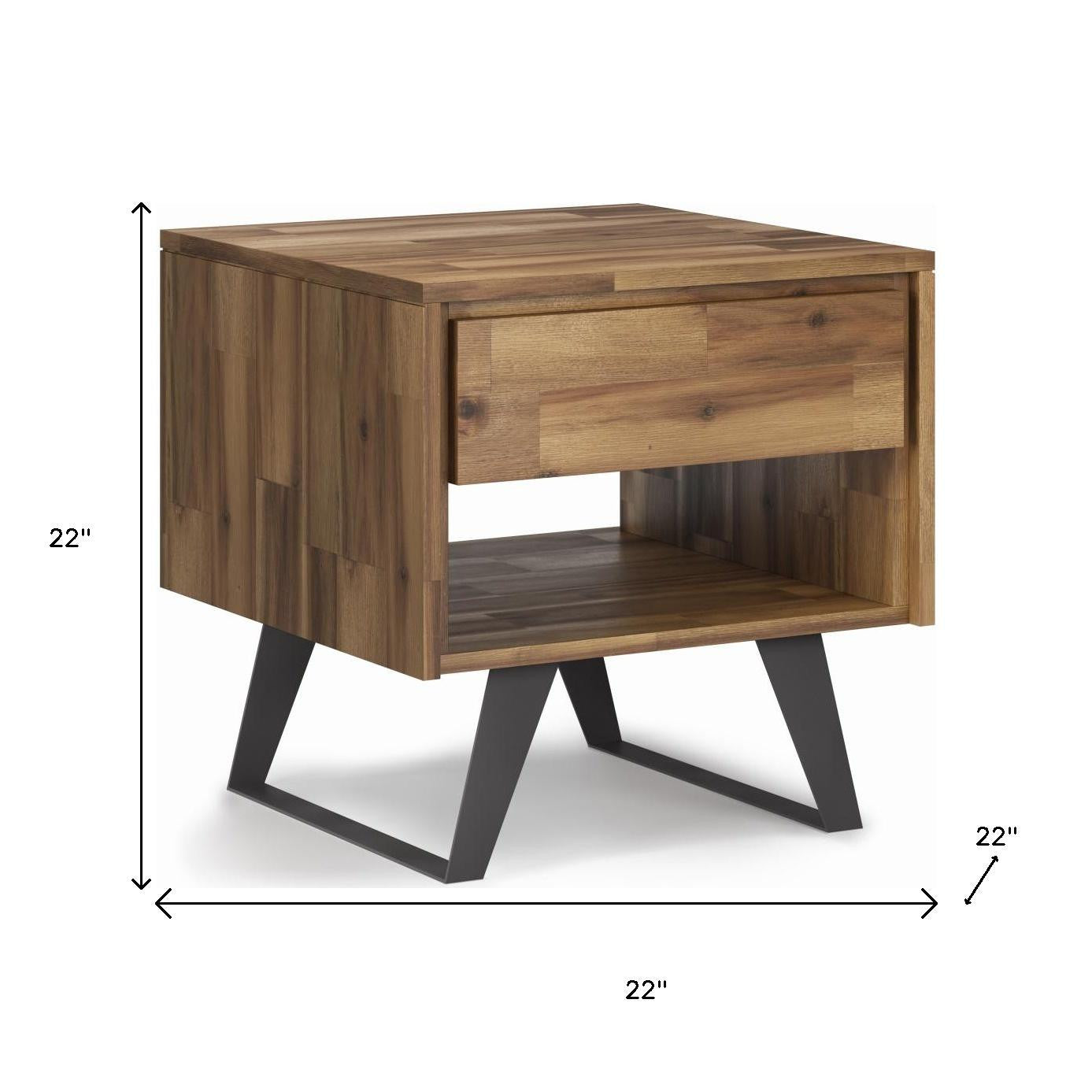 22" Natural Natural and Black Distressed Solid Wood and Iron Square Sled End Table With Drawer And Shelf