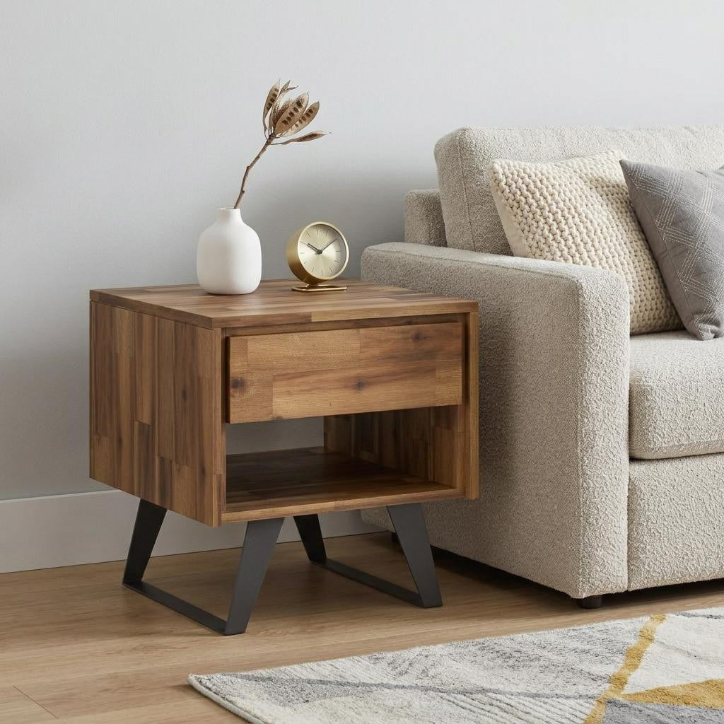 22" Natural Natural and Black Distressed Solid Wood and Iron Square Sled End Table With Drawer And Shelf