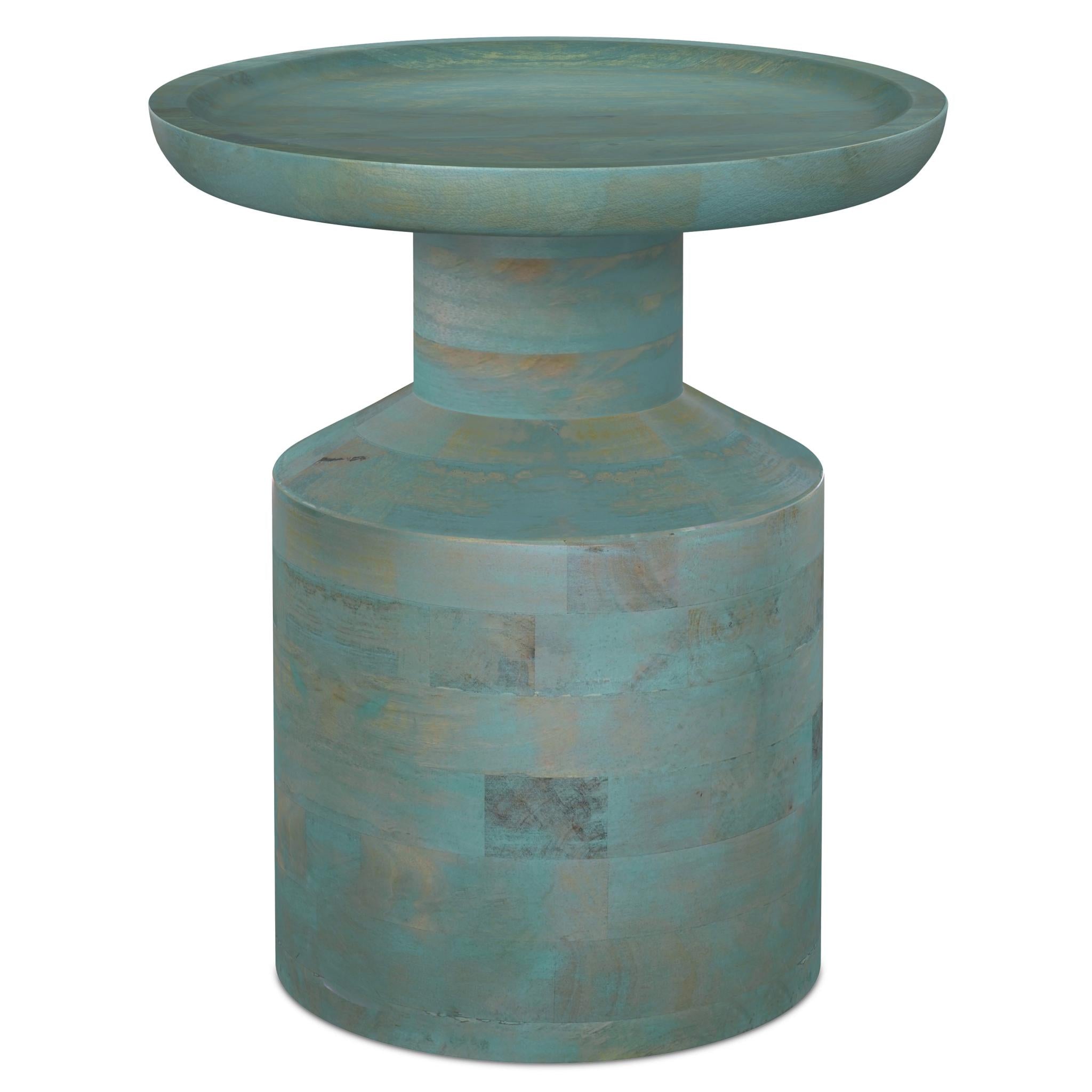 18" Washed Teal Blue Solid Wood Round Pedestal End Table