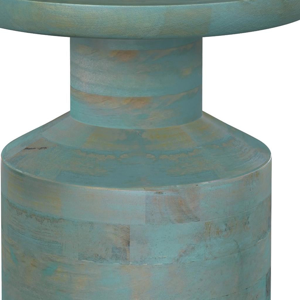 18" Washed Teal Blue Solid Wood Round Pedestal End Table