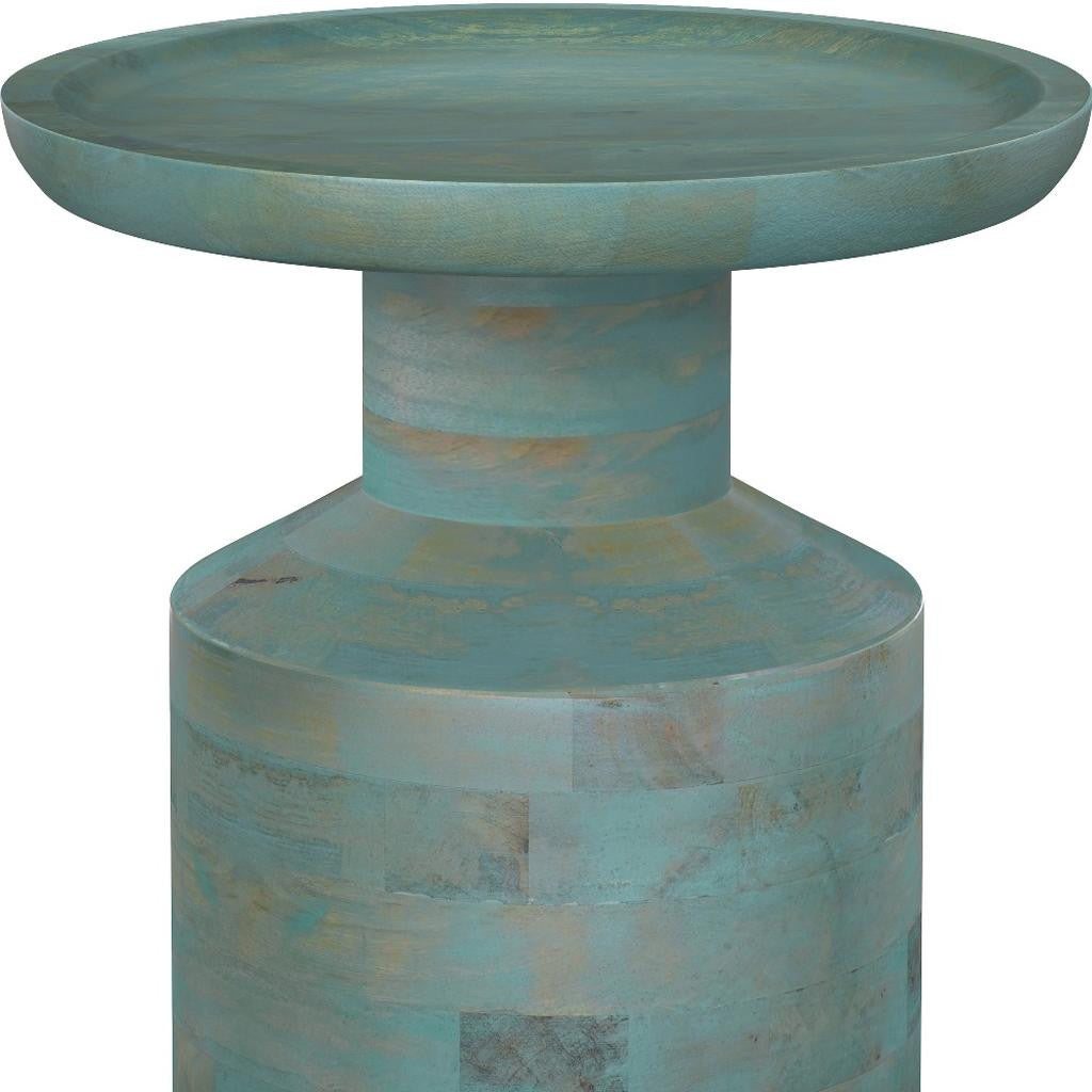 18" Washed Teal Blue Solid Wood Round Pedestal End Table