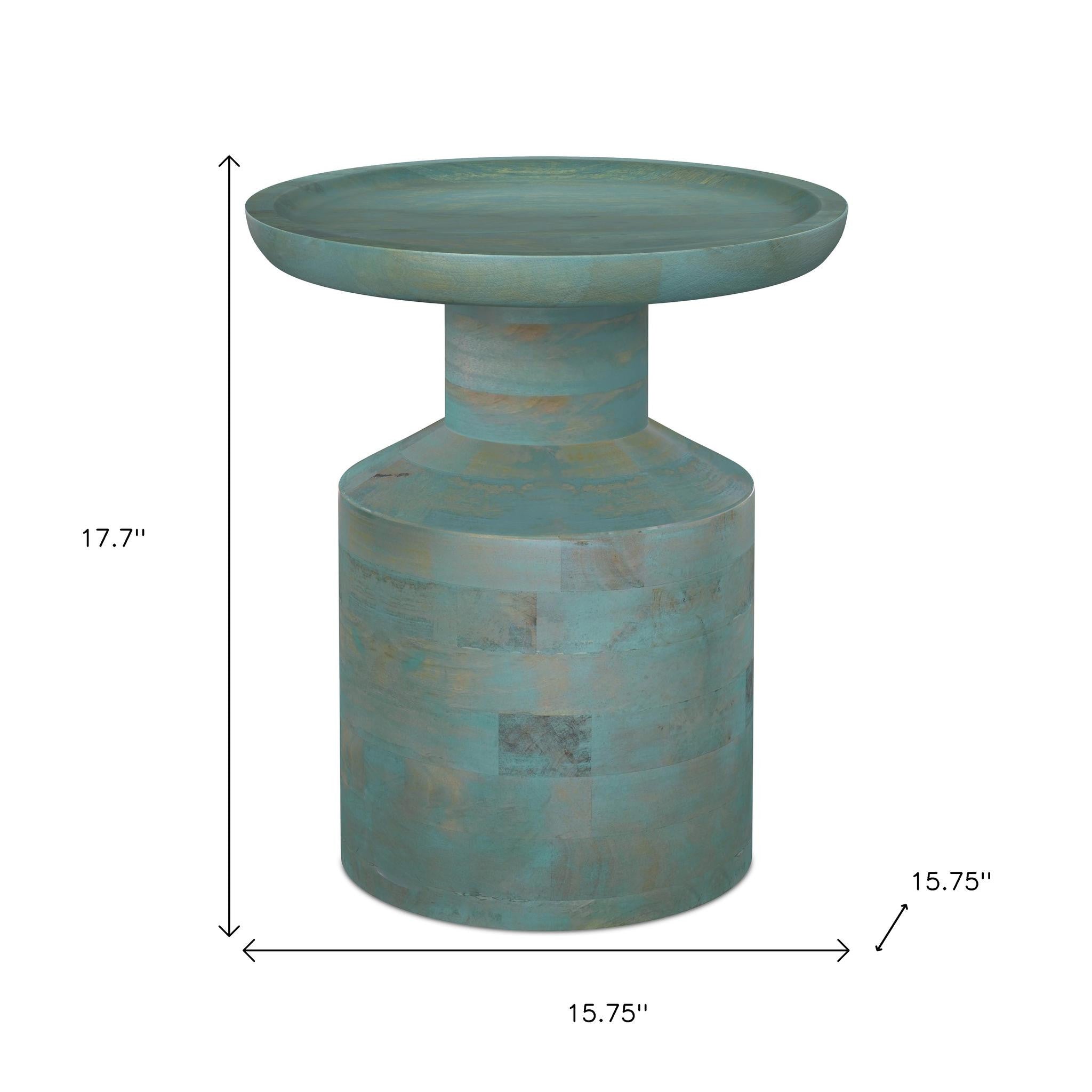 18" Washed Teal Blue Solid Wood Round Pedestal End Table