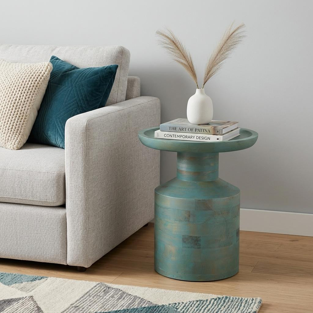 18" Washed Teal Blue Solid Wood Round Pedestal End Table