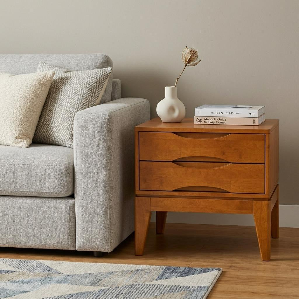 20" Natural Brown Wood Square End Table With Two Drawers